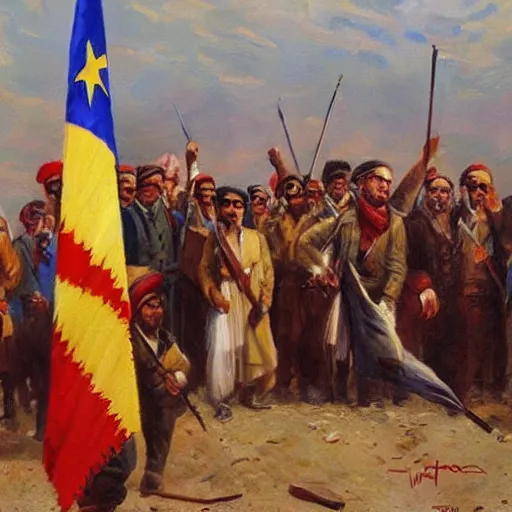 Image similar to a painting of a group of kurdish people standing around a signed declaration of independence for kurdistan, an oil painting by ilya ostroukhov, featured on deviantart, socialist realism, ilya kuvshinov, movie still, oil on canvas