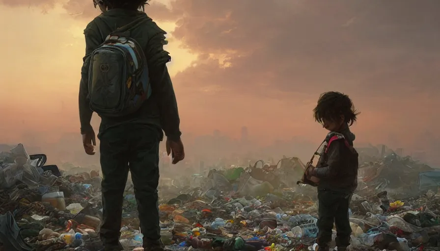 Image similar to poor detailed child with backpack standing at cars looking for food at garbage dump, destroyed cars, city is pure wasteland, moody sunset in background, greg rutkowski, alphonse mucha, trending on artstation, artgerm, unreal engine, breathtaking, award winning, highly detailed