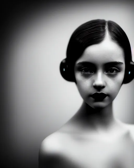 Image similar to tintype black and white dreamy young beautiful female artificial intelligence, metropolis, cinematic, rim light, bokeh, photo - realistic, elegant, high detail, 8 k, masterpiece, photo taken in 1 9 3 0