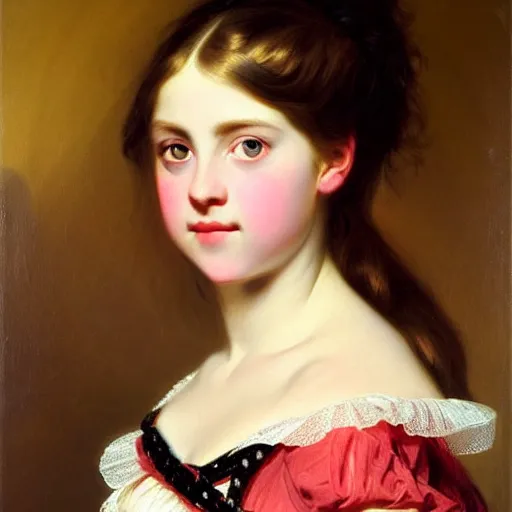 Image similar to portrait of a german teenage princess, circa 1 8 5 0 by franz xaver winterhalter, highly detailed, beautiful, oil on canvas, 1 8 5 0 s, romanticism