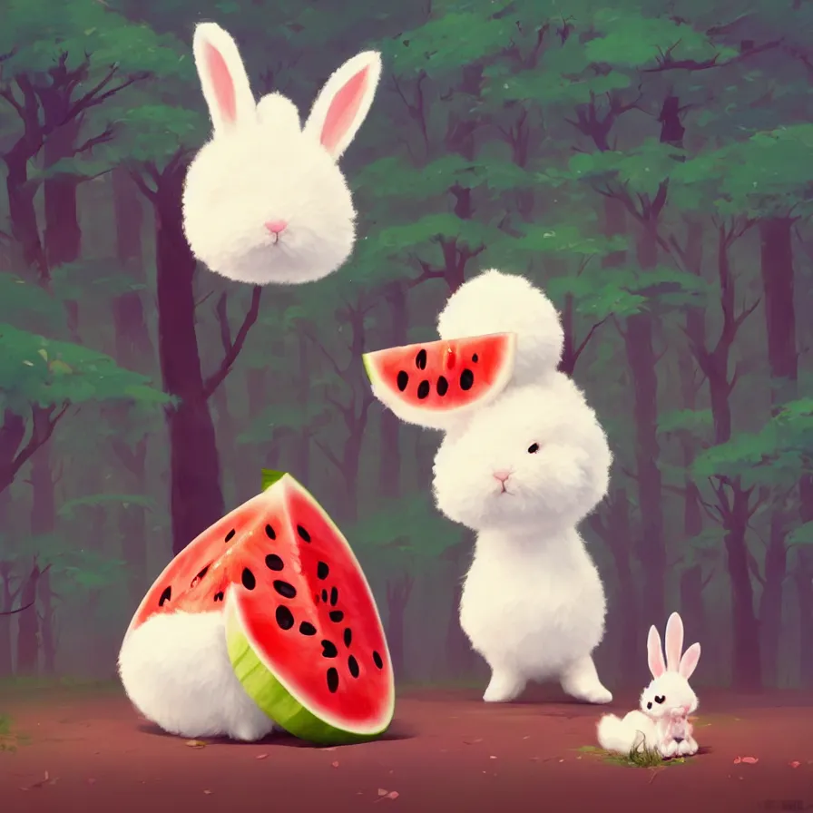 Image similar to Goro Fujita illustrating a cute white fluffy bunny with big ears eating a big watermelon in a forest, art by Goro Fujita, sharp focus, highly detailed, ArtStation