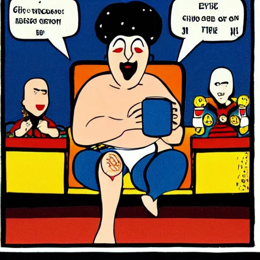 Image similar to the greek god eros who is a clown, has hurt his knee and sitting in a chair and is watching the game on tv with a beer in hand, by chris ware