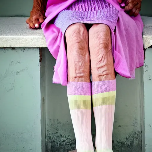 Image similar to old man wearing pastel stockings and skirt, gender non - conforming, elderly feminine man