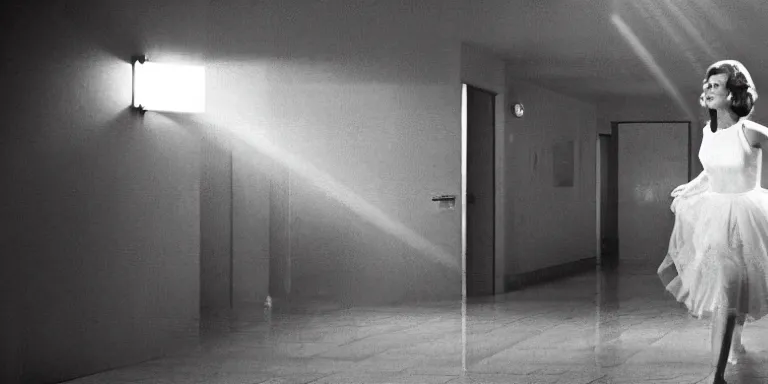 Image similar to photorealistic Cinematography of a Beautiful woman running down a 60's hotel hallway that's being flooded with a torrent of blood at night in a mid century modern apartment shot on film at magic hour with the sun shining god rays shining into a large 60's hotel lobby room filled with volumetric haze by the shining Cinematographer john alcott on a cooke panchro 18mm lens and shot on eastman kodak 5254 color 35mm film