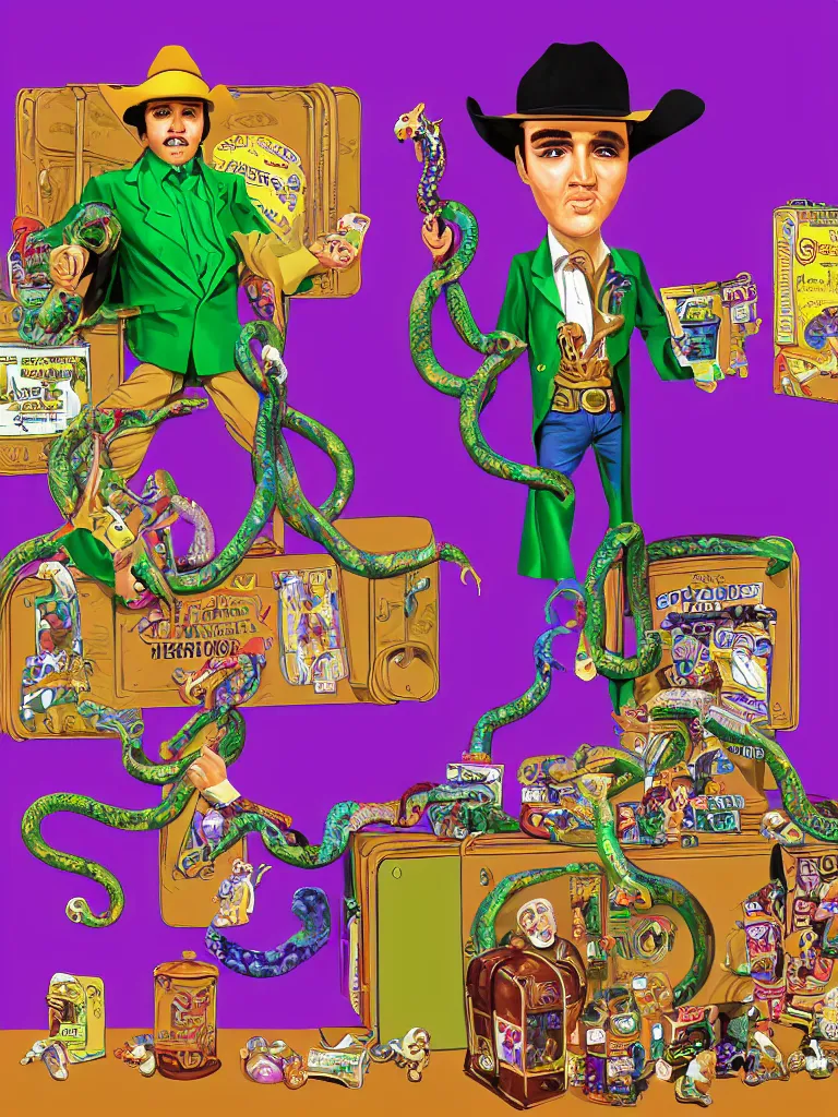 Image similar to long shot full body portrait of professional wrestling salesman elvis presley johnny cash cowboy snakeoil salesman wearing oversized cowboy hat with curly moustache and anthropomorphic purple snakeskin business suit, pictured in front of a green screen selling locomotive petroleum snake oil eggs bottled in faberge briefcases from the distant future, portrait art by lisa frank and basil wolverton