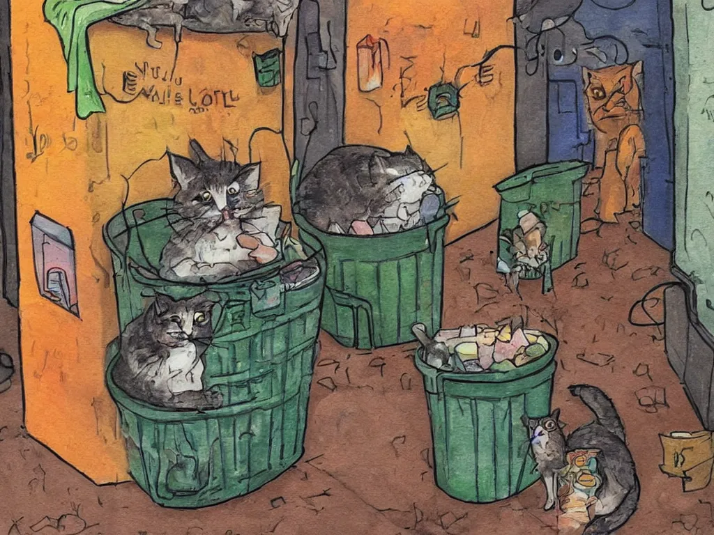 Image similar to a little alley cat living inside trash at night in downtown, in the style of kahlo and matisse