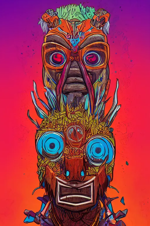 Image similar to totem animal tribal chaman vodoo mask feather gemstone plant wood rock video game illustration vivid color borderlands by josan gonzales and dan mumford radiating a glowing aura