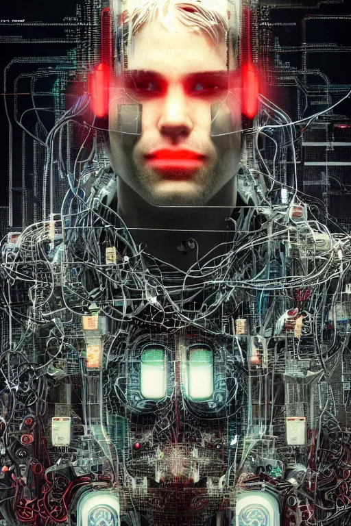 Prompt: head and shoulders render of man cyberpunk face ((single_glowing_red_eye red_emissives!)) android face mecha, inhuman creepy intimidating, exposed cable bundle. intricate wiring and black circuit board detailed. Tom Bagshaw and Greg Rutkowski and Alphonse Mucha Bladerunner 2049 artstation trending 165mm