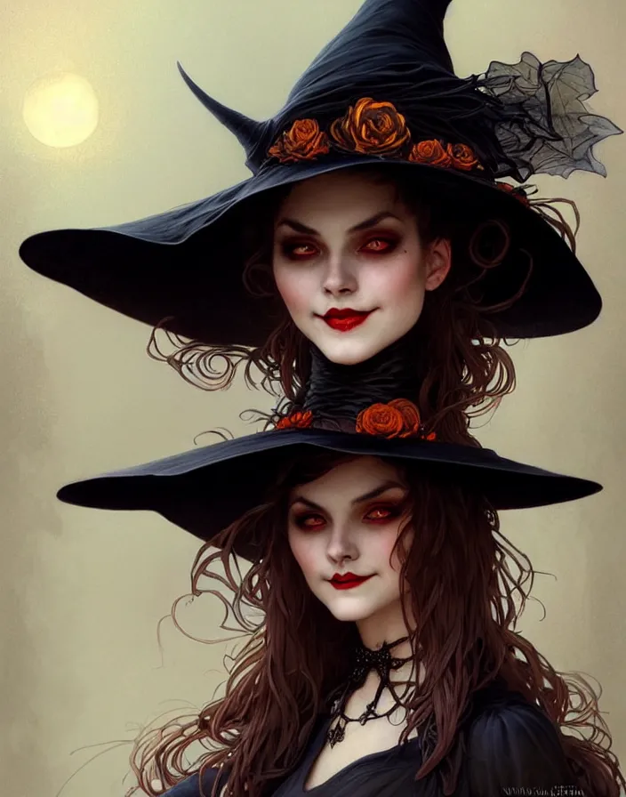 Image similar to halloween witch woman in a hat smiles, fantasy magic, undercut hairstyle, dark light night, intricate, elegant, sharp focus, illustration, highly detailed, digital painting, concept art, matte, art by wlop and artgerm and greg rutkowski and alphonse mucha, masterpiece