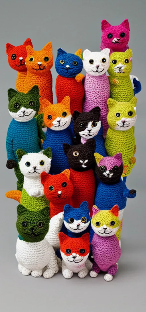 Image similar to multicolored crocheted cats, 2 0 1 0 s catalogue photo,