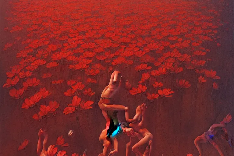 Image similar to only with red, a red expanse of flowers of different types, castle, goblins dance over the flowers in the style of beksinski, parts by edward hopper, parts by rodcenko, parts by yue minjun, intricate and epic composition, red by caravaggio, insanely quality, highly detailed, masterpiece, red light, artstation, 4 k