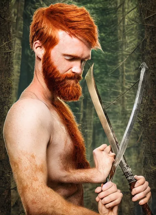 Image similar to grungy redhead 30-something scruffy bearded shoulder-length hair swordsman holding a short curved sword in a ultradetailed pacific northwest redcedar forest, smooth. sharp focus, grunge dingy high quality digital art detailed,