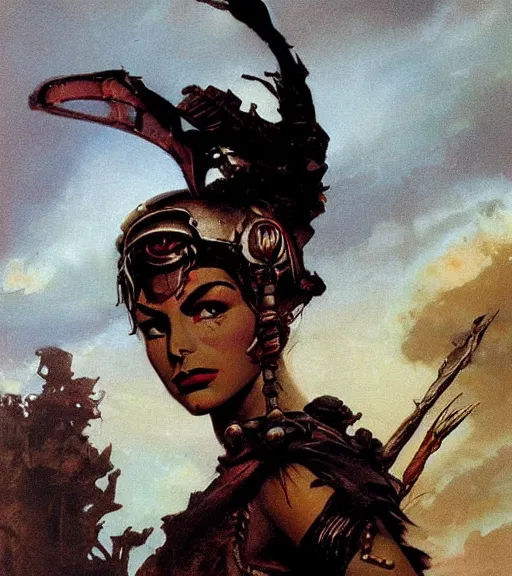 Prompt: mighty princess of the wasteland, scrap metal headdress, strong line, deep color, cloudy sky, beautiful! coherent! by brom, by frank frazetta, low angle