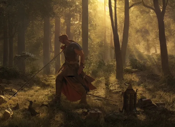 Prompt: close up cinematic artwork of Robin Hood at his camp in Sherwood forest, dusk, sun rays through the trees by Greg Rutkowski, 4k, masterpiece