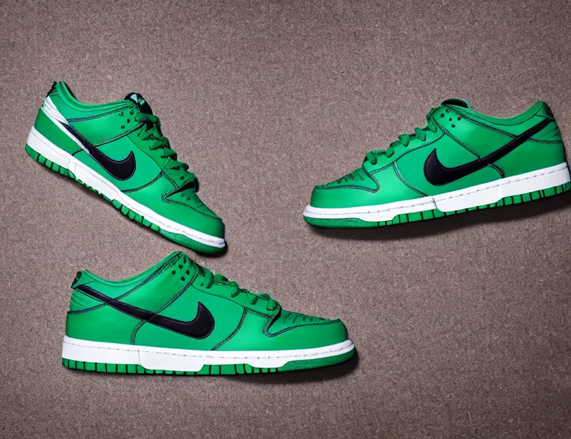 Image similar to a press photograph of nike dunk low pine green and white, size 1 0, white background