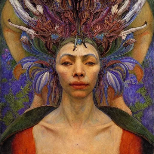 Image similar to masterpiece painting of a dark flower shaman, by annie swynnerton and jean delville and diego rivera, facemask made of flowers, art brut, outsider art, symbolist, dramatic lighting, god rays, elaborate geometric ornament, clean crisp graphics, smooth sharp focus, extremely detailed, adolf wolfli