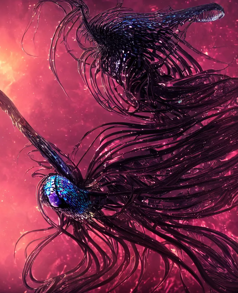 Image similar to close-up macro portrait of the dark queen, epic angle, epic pose, symmetrical artwork, 3d with depth of field, blurred background. cybernetic jellyfish phoenix bird, translucent, nautilus. energy flows of water and fire. a highly detailed epic cinematic concept art CG render. made in Maya, Blender and Photoshop, octane render, excellent composition, cinematic dystopian brutalist atmosphere, dynamic dramatic cinematic lighting, aesthetic, very inspirational, arthouse