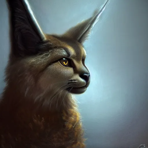 Image similar to a portrait of a cute fluffy caracal wearing leather armor from skyrim, fantasy setting, dark environment, serene colors, soft lighting, atmospheric, cinematic, moody, in the style of diego koi, gina heyer, luiz escanuela, art by alyssa monk, hyperrealism, rule of thirds, golden ratio, oil on canvas, 8 k