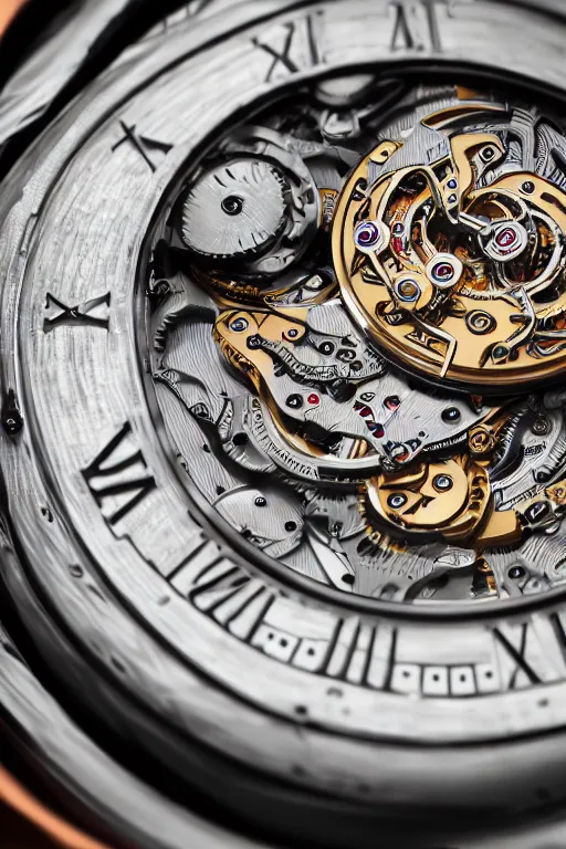 Prompt: a macro photo of a mechanical watch, close - up, intricate details, intricately detailed engravings, intricate textures, warm lighting, vivid colors, realistic octane render, hyper realistic render, volumetric shading, depth of field, raytracing, 8 k,