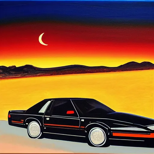 Prompt: a black 1990 Thunderbird super coupe driving on a desert highway viewed from the rear at sunset, oil painting