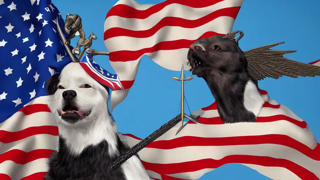 Prompt: a dog with a trident sitting on top of a bald eagle, patriotic, highly detailed, unreal engine