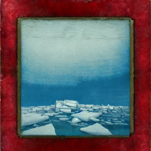 Prompt: horrific painting of an ice floe meeting magma!!!!!! in the middle, in the style of vintage photography, textured, skewed perspective, last photo ever taken, apocalyptic event, red color palette on left side and blue color palette on right side