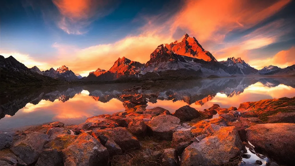 Image similar to amazing landscape photo of mountains with lake in sunset by marc adamus, beautiful dramatic lighting