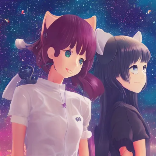 Prompt: catgirls in space by haruko ichikawa, kyoto animation, square enix makoto shinkai artgerm wlop