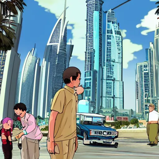 Image similar to gta : dubai, by studio ghibli