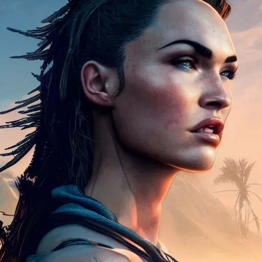 Image similar to megan fox portrait, horizon forbidden west, horizon zero dawn, photorealistic, ultra detailed, machines, octane, robots, nature background, cinematic lighting, studio quality, feature, scars, 8 k