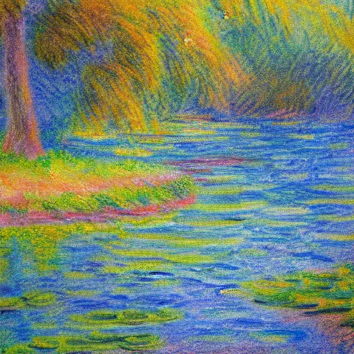 Image similar to a beautiful impressionist painting of a winding river, in the style of monet colored charcoal drawing on canvas