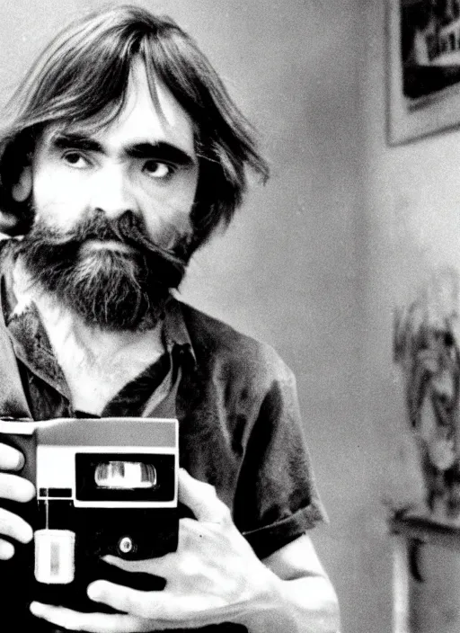 Prompt: vintage advertisement for a polaroid camera, charles manson slipping on a banana peel