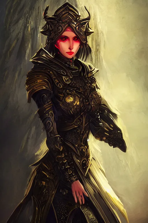 Image similar to portrait knights of Zodiac girl+smoky eyes, gothic black and red reflected armor, in ruined Agora of Athens moon night and black magic, ssci-fi, fantasy, intricate, very very beautiful, elegant, golden light, highly detailed, digital painting, artstation, concept art, smooth, sharp focus, illustration, art by tian zi and WLOP and alphonse mucha