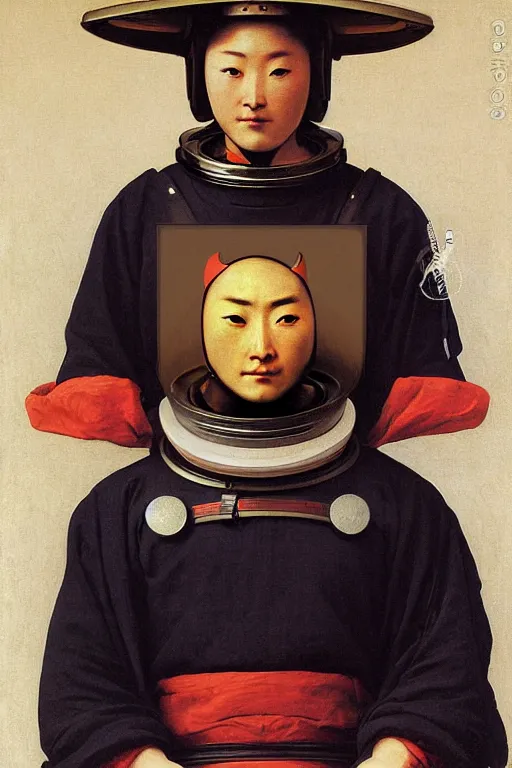 Image similar to portrait of samurai in astronaut helmets, by bouguereau