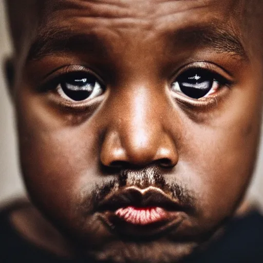 Image similar to the face of kanye west at 6 years old, portrait by julia cameron, chiaroscuro lighting, shallow depth of field, 8 0 mm, f 1. 8