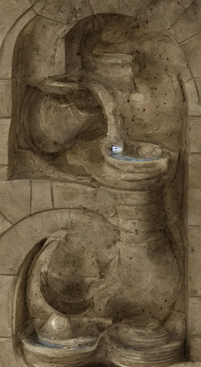 Image similar to a stream of water entering into a machine made from biomorphic amphoras and producing a coin, in the style of a carlo scarpa fountain, architectural photograph, isometric, infrastructure, kidneys, dynamic lighting, clay texture, 8 k