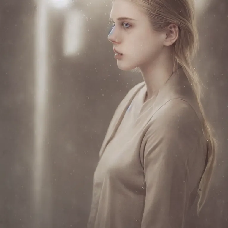 Image similar to cute annie leonhart in a photo studio, beautiful face, pale skin, rule of thirds, cinematic lighting, rainy weather, melancholy atmosphere, sharp focus, backlit, stunning, model agency, smooth, hard focus, full body shot, instagram photo, shot on iphone 1 3 pro max, hyper realistic,