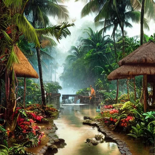 Prompt: tropical island, ornate, beautiful, atmosphere, vibe, mist, coconuts, rain, wet, pristine, puddles, melting, dripping, snow, creek, lush, ice, bridge, forest, roses, flowers, by stanley artgerm lau, greg rutkowski, thomas kindkade, alphonse mucha, loish, norman rockwell