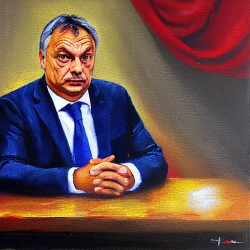 Image similar to viktor orban asking for money, oil painting