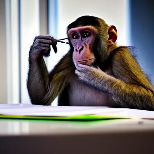 Image similar to a monkey in a suit sitting at a desk