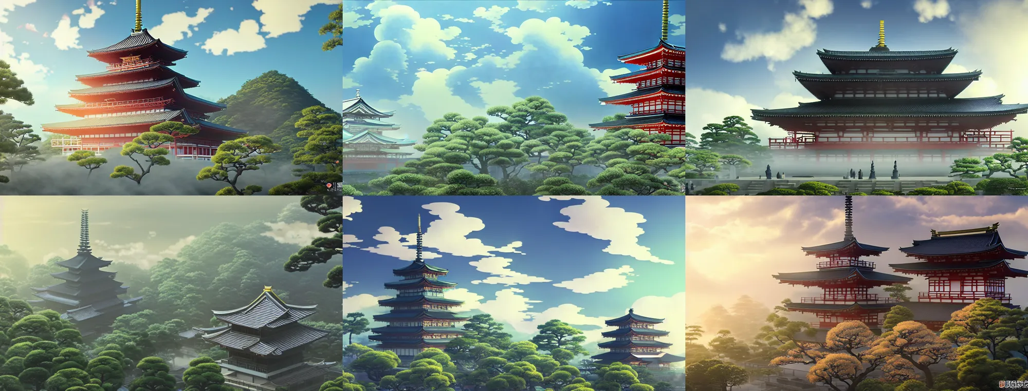 Prompt: misty clouds, japanese buddhist temple. hyper detailed, architectural concept, full building, dynamic angle, intricate, lineart, cerpuscular rays, lily flowers. by yoshitaka amano, alfons mucha and makoto shinkai. 8 k