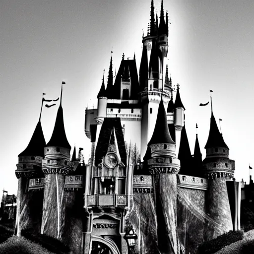 Image similar to the Disney castle in a nightmare, black and white