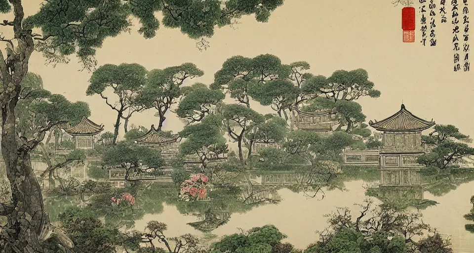 Prompt: Classical Gardens of Suzhou by Feifei Ruan,古戈力,猫君大白