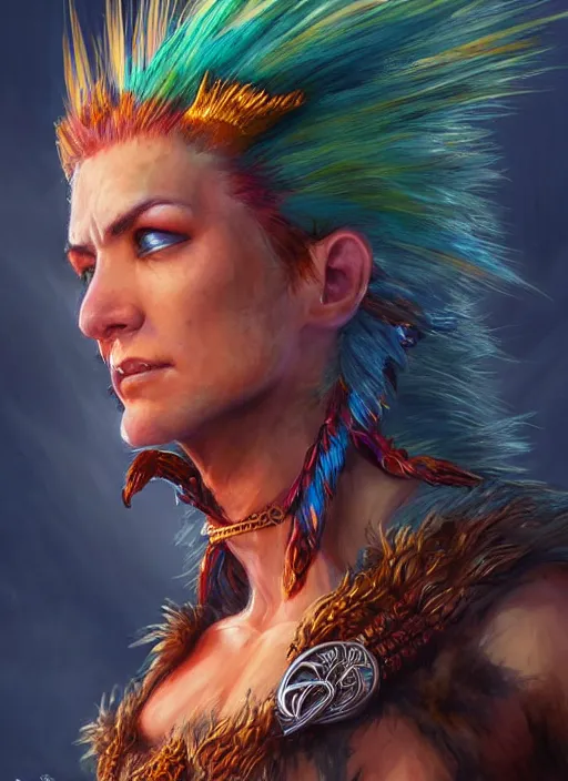 Image similar to human mohawk, ultra detailed fantasy, dndbeyond, bright, colourful, realistic, dnd character portrait, full body, pathfinder, pinterest, art by ralph horsley, dnd, rpg, lotr game design fanart by concept art, behance hd, artstation, deviantart, hdr render in unreal engine 5