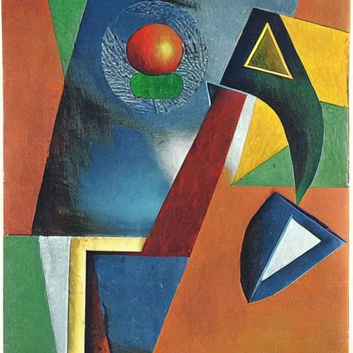 Image similar to an artwork by max ernst and kurt schwitters, mix of geometric and organic shapes, both bright and earth colors