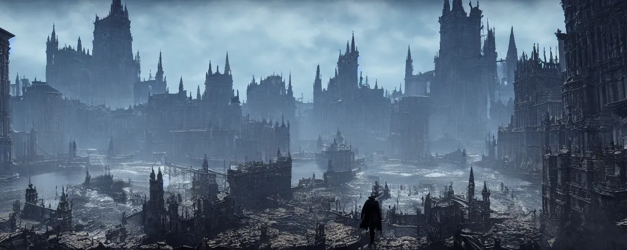 Image similar to a vast landscape with lots of unique landmarks, this is truly a beautiful view, screenshot from bloodborne