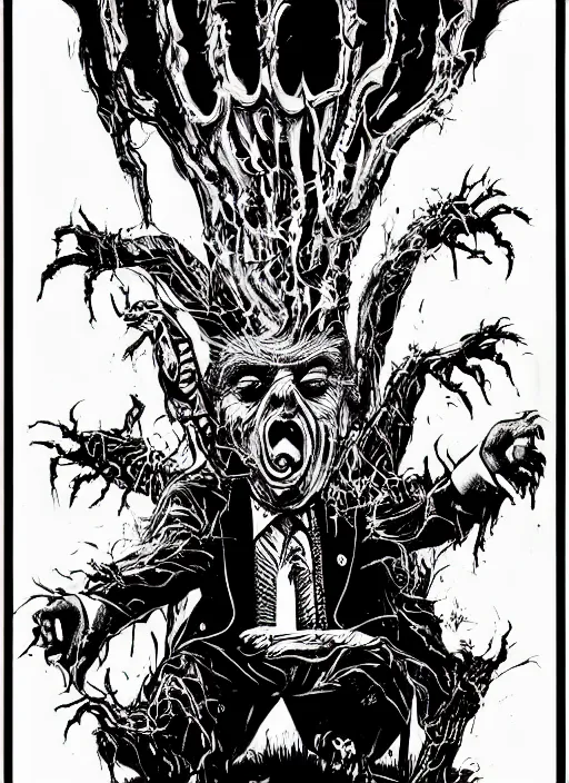 Image similar to Donald Trump's disgusting true form on a 1980s horror movie poster, inking, vintage 80s print, detailed, scary, horror, screen print, trending on artstation