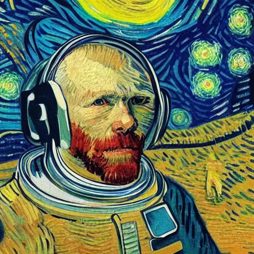 Image similar to portrait of astronaut, starry night in background, by van gogh