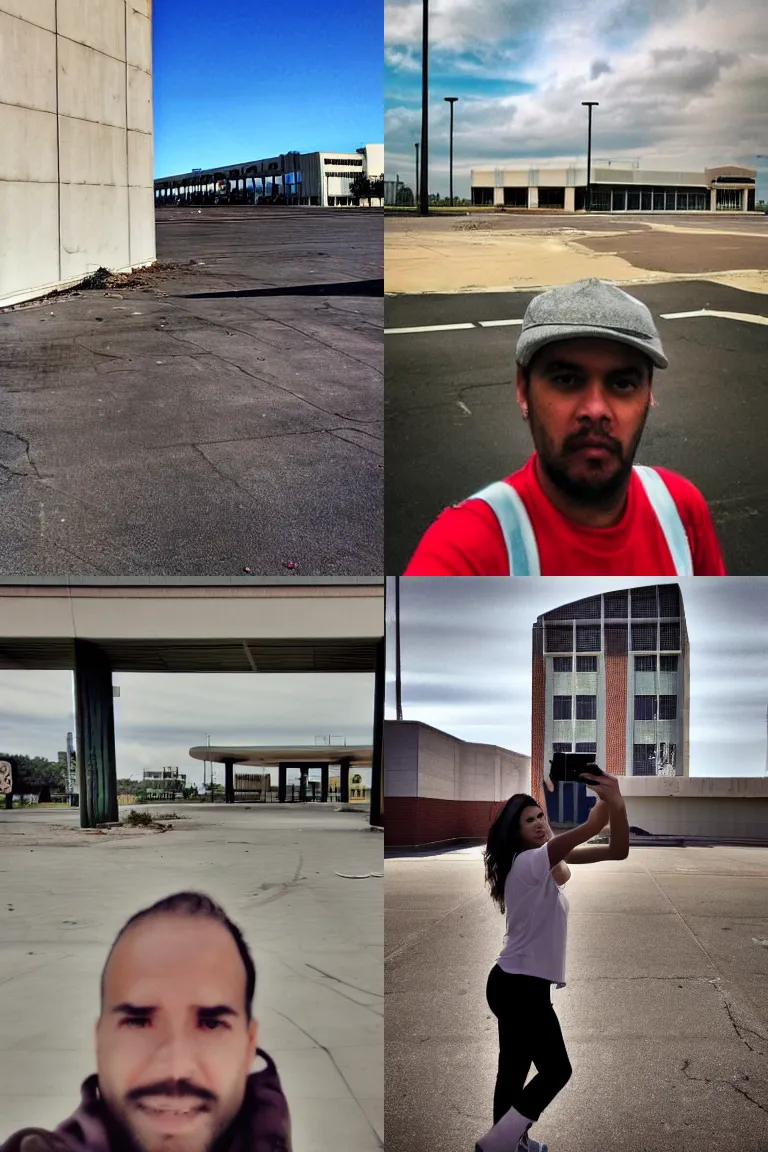 Prompt: a selfie of someone next to an abandoned mall with a big parking mall, shot by an iphone