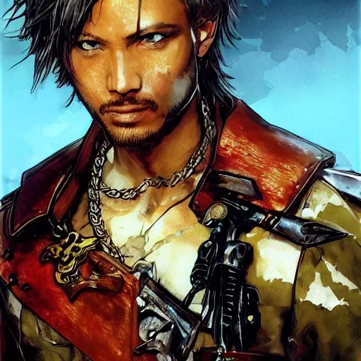 Image similar to portrait of a hero holding his sword in front of his face by yoji shinkawa, high quality, extra details, realism, ornate, colored, golden chain, blood, white skin, short hair, brown eyes, vivid, sunlight, dynamic, american man, freedom, white american soldier